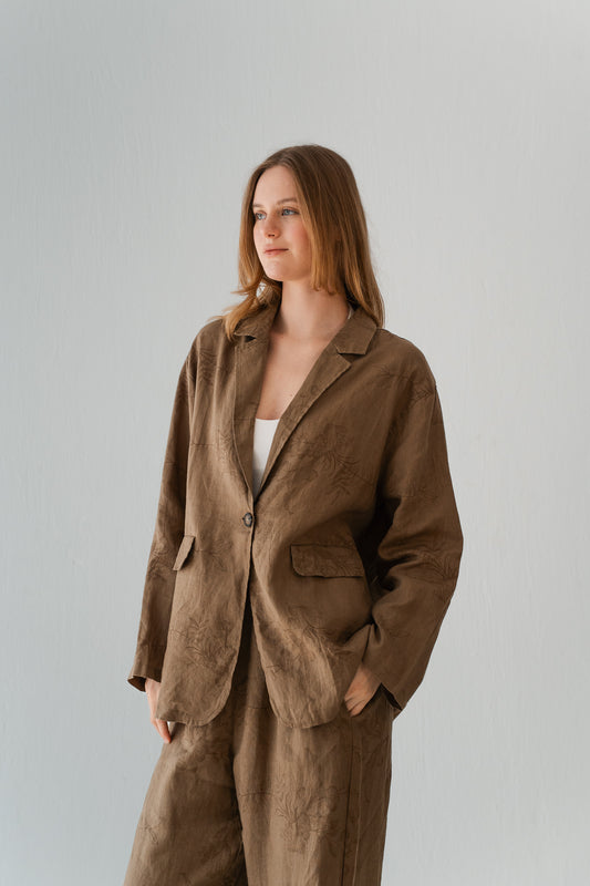 Flowered Linen Blazer In Warm Cinnamon