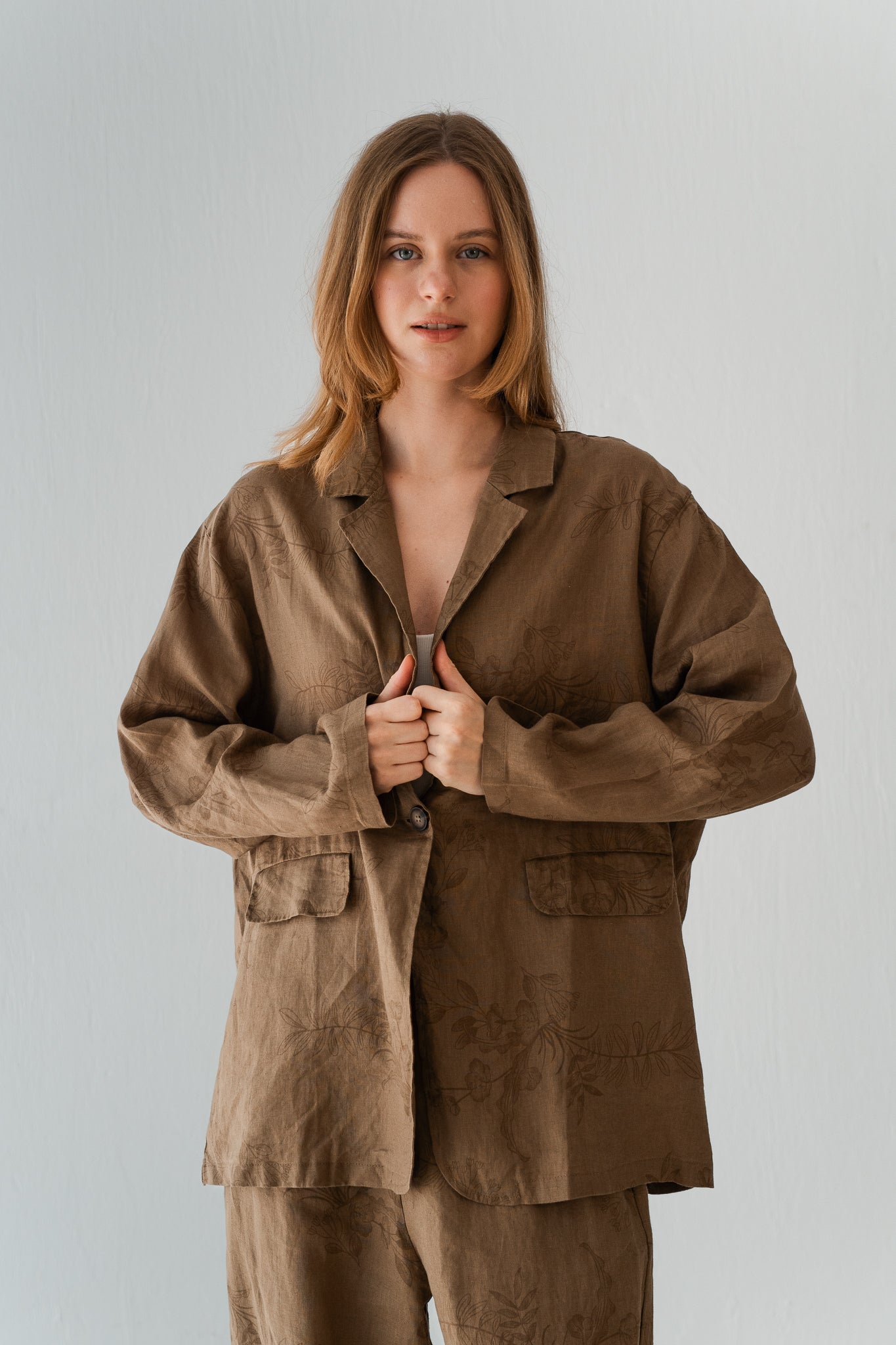 Flowered Linen Blazer In Warm Cinnamon