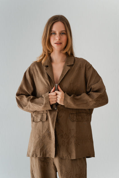 Flowered Linen Blazer In Warm Cinnamon