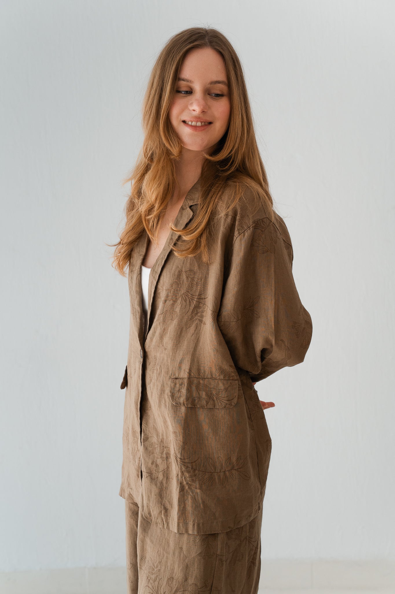 Flowered Linen Blazer In Warm Cinnamon