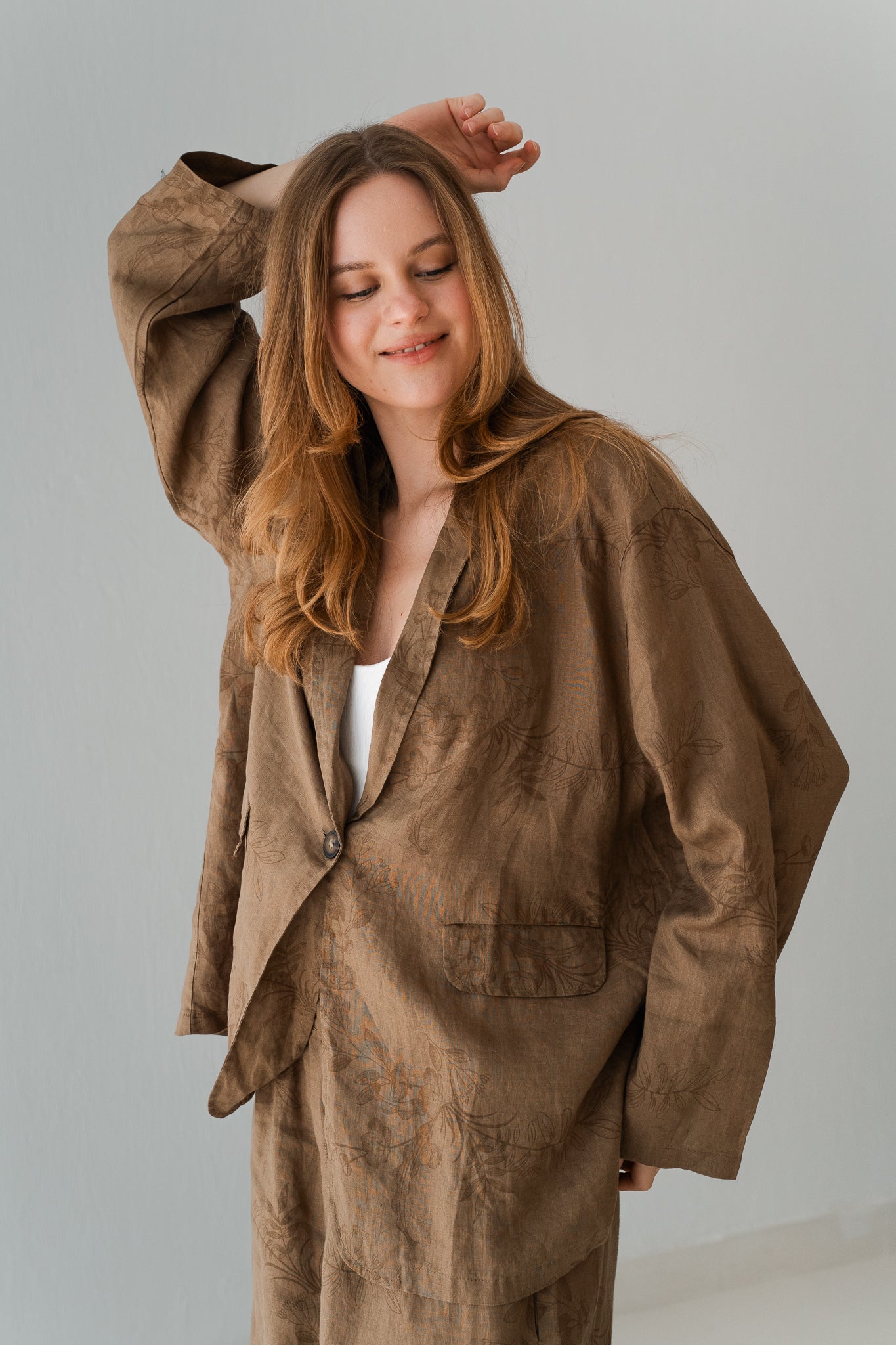 Flowered Linen Blazer In Warm Cinnamon
