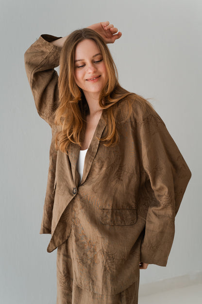 Flowered Linen Blazer In Warm Cinnamon