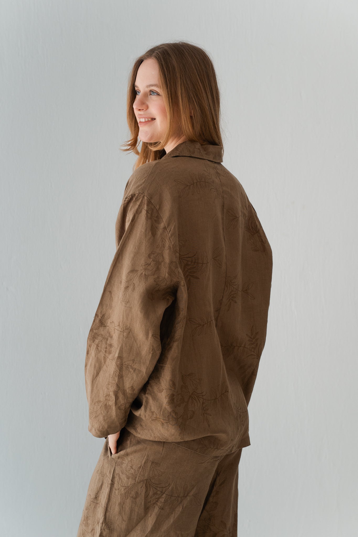 Flowered Linen Blazer In Warm Cinnamon