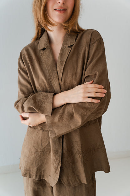 Flowered Linen Blazer In Warm Cinnamon