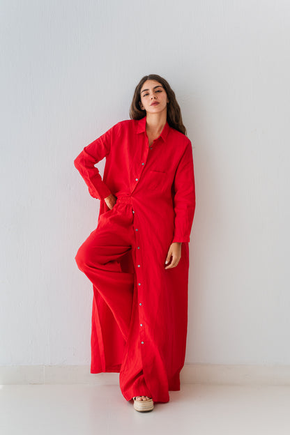 Soft Linen Long Shirt In Crimson