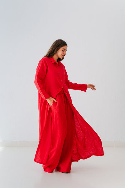 Soft Linen Long Shirt In Crimson