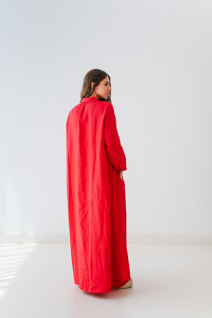 Soft Linen Long Shirt In Crimson