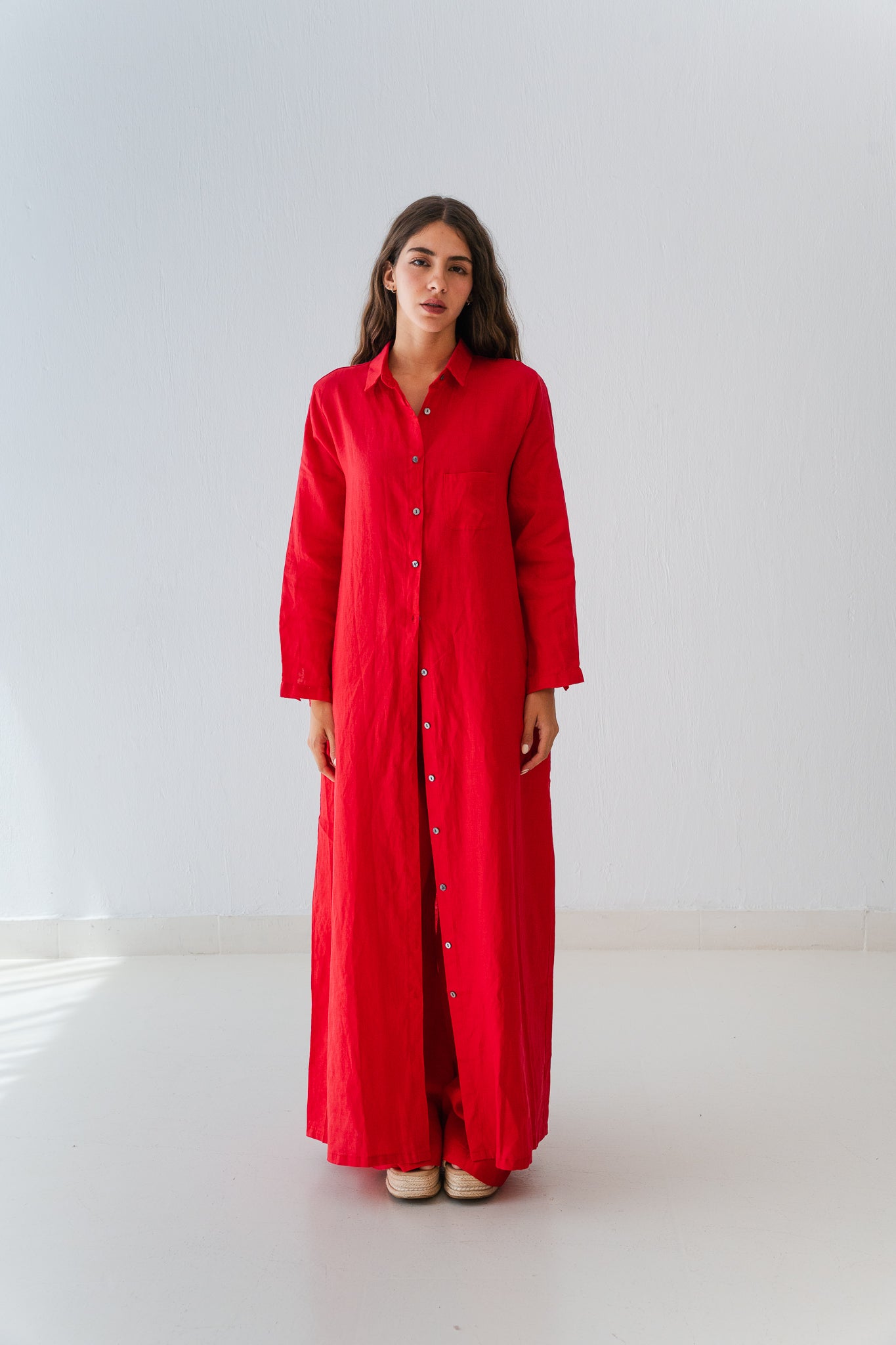 Soft Linen Long Shirt In Crimson
